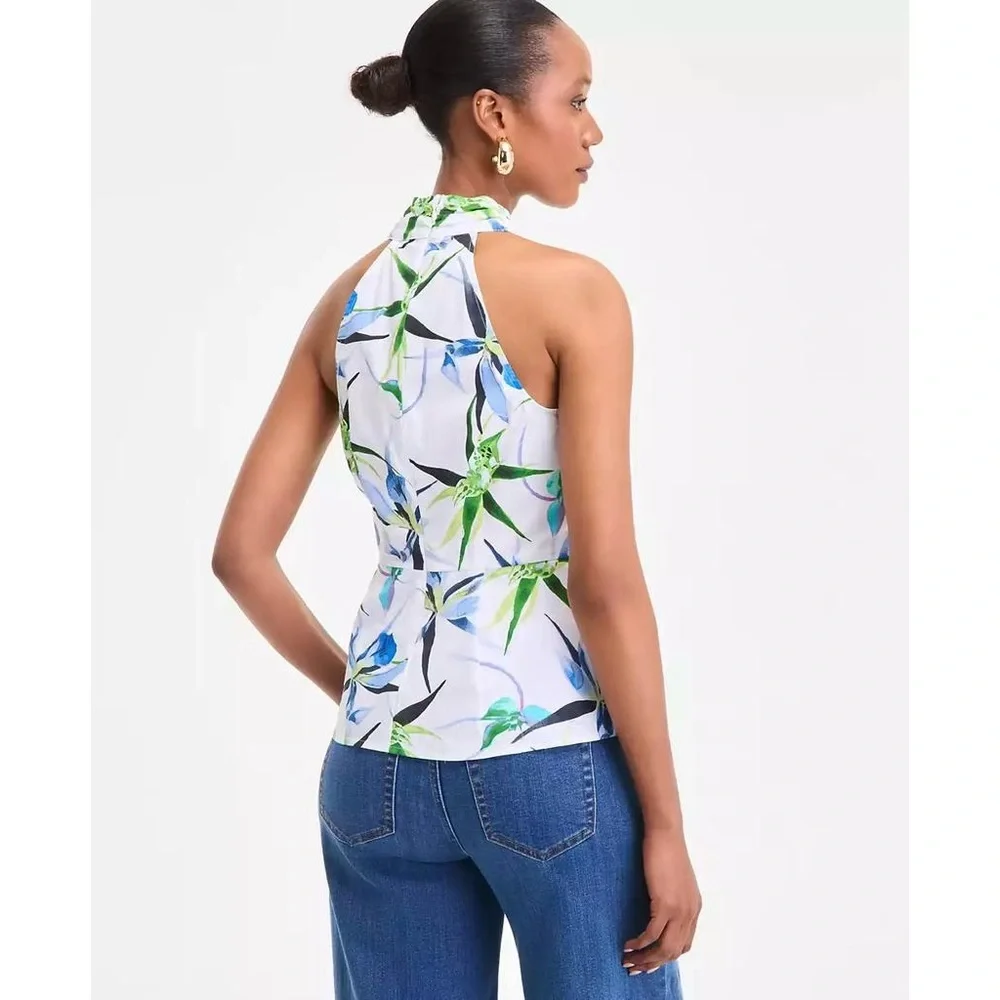 NWT INC International Concepts Floral Print Halterneck Top White & Blue Size 14 - Picture 2 of 6